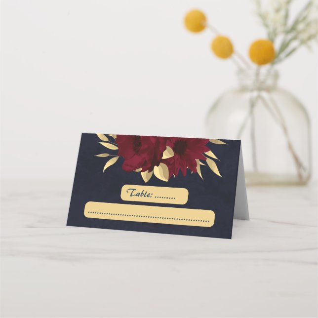 Chic burgundy and gold navy place card (Front)