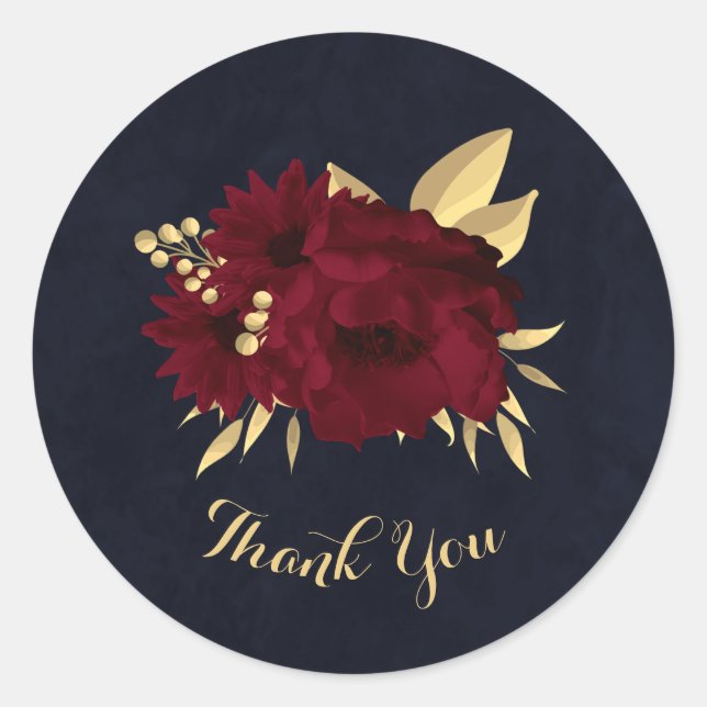 Chic burgundy and gold navy thank you classic round sticker (Front)