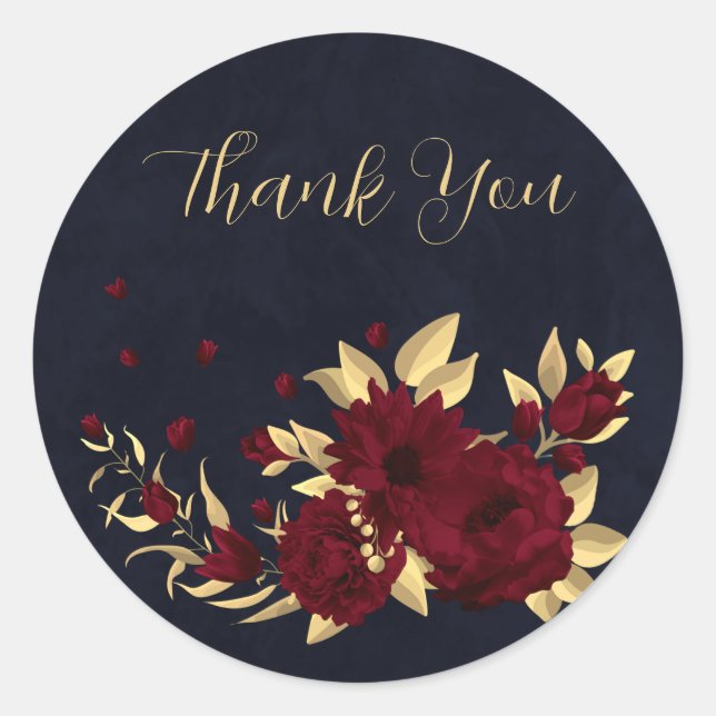 Chic burgundy and gold navy thank you classic round sticker (Front)
