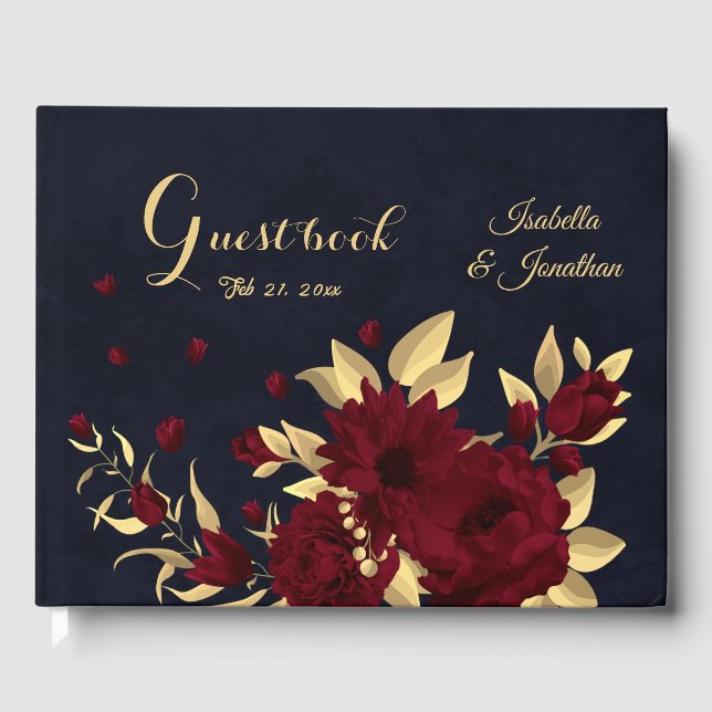 Chic burgundy and gold navy wedding guest book (Front)