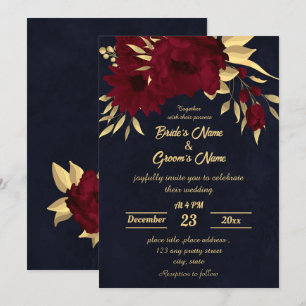 Chic burgundy and gold navy wedding invitation
