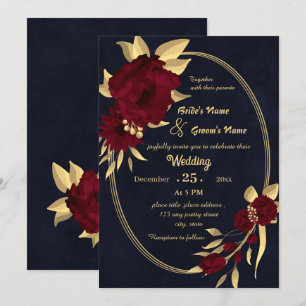 Chic burgundy and gold navy wedding invitation