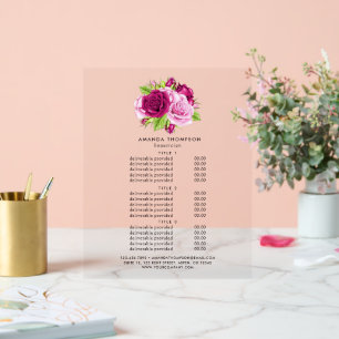 Chic Burgundy and Pink Roses Pricing and Services Acrylic Sign