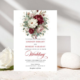 Chic Burgundy and White Flowers Gold Wedding  Invitation