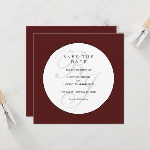 Chic Burgundy and White Monogram Save the Date