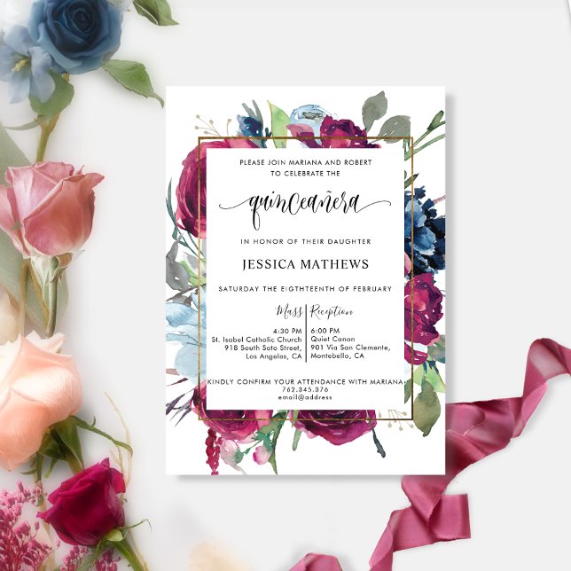 Chic Burgundy, Berry Red Blue Floral  Quinceañera Invitation (Creator Uploaded)