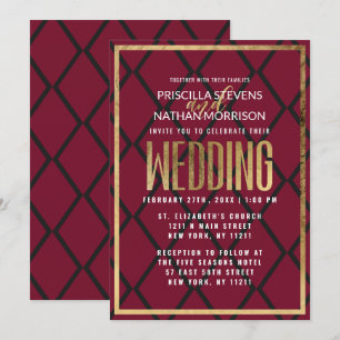 Chic Burgundy Black Gold Border Geometric Wedding Invitation