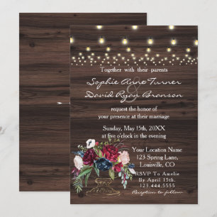 Chic Burgundy Blue Flowers Old Barn Wedding Invitation