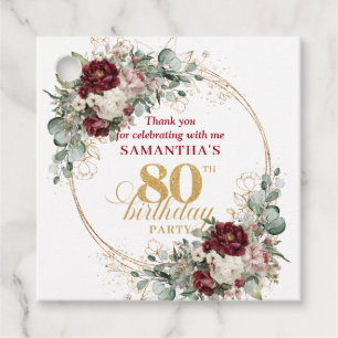 Chic Burgundy Blush Floral 80th Birthday Favour Ta Tags