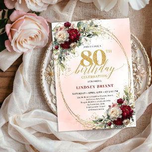 Chic Burgundy Blush Floral 80th Birthday Invites