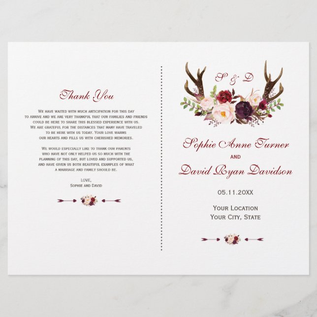 Chic Burgundy Blush Floral Antlers Wedding Program (Front)