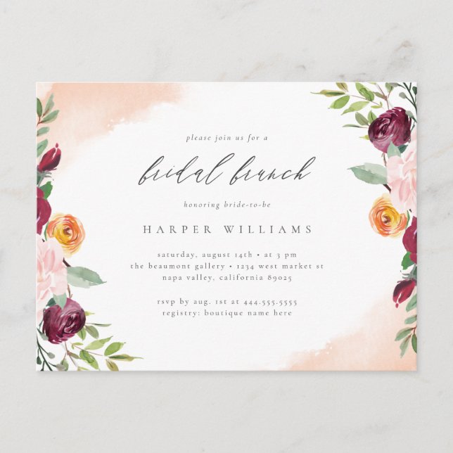 Chic Burgundy Blush Floral Botanical Bridal Brunch Invitation Postcard (Front)