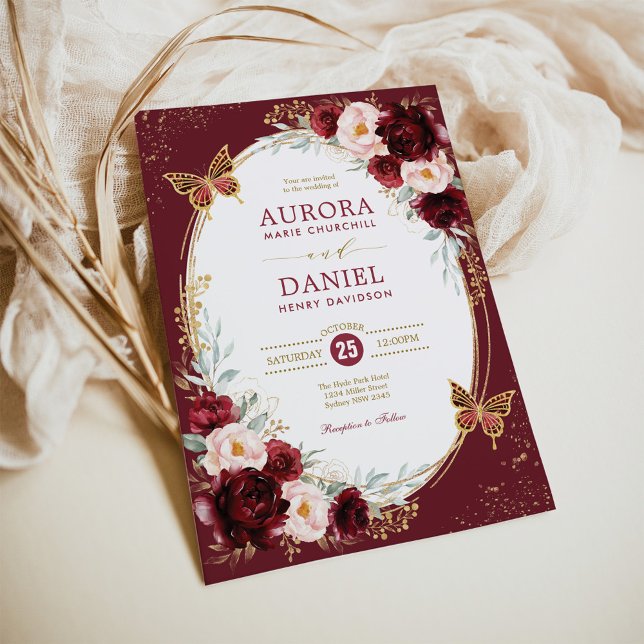Chic Burgundy Blush Floral Butterfly Wedding Party Invitation (Creator Uploaded)