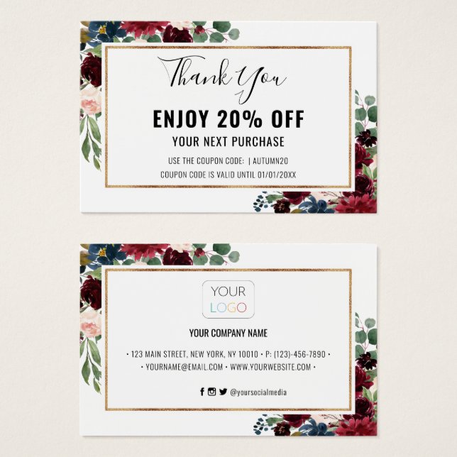 Chic Burgundy Blush Floral Discount Coupon Card (Front & Back)