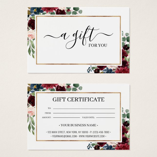 Chic Burgundy Blush Floral Gift Certificate Card (Front & Back)