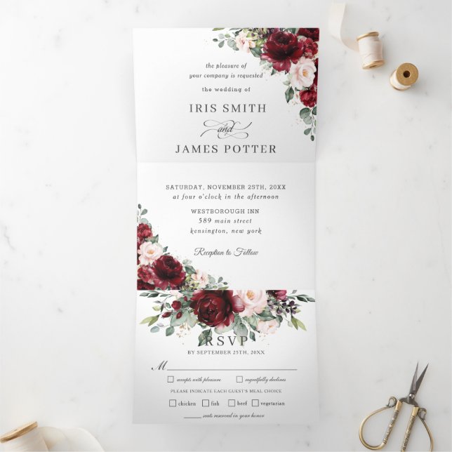 Chic Burgundy Blush Floral Greenery Wedding RSVP  Tri-Fold Invitation (Inside)
