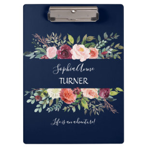 Chic Burgundy Blush Floral Navy Blue Monogram Clipboard