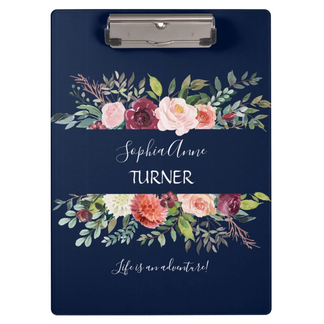 Chic Burgundy Blush Floral Navy Blue Monogram Clipboard (Front)
