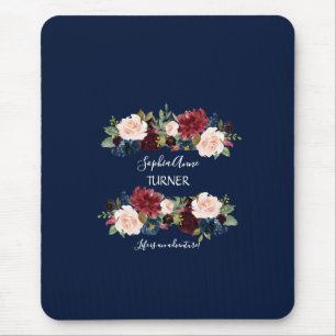 Chic Burgundy Blush Floral Navy Blue Monogram Mouse Mat