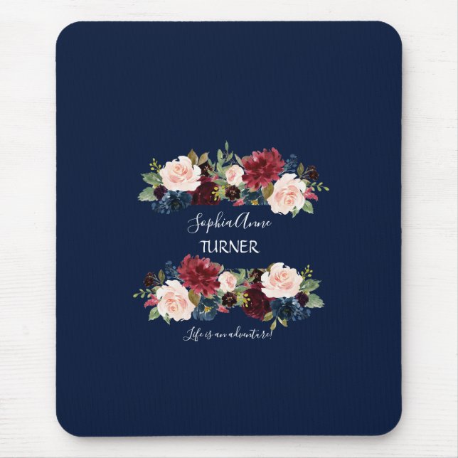 Chic Burgundy Blush Floral Navy Blue Monogram Mouse Mat (Front)