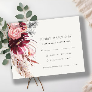 Chic Burgundy Blush Floral Pampas Grass Wedding RSVP Card