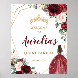 Chic Burgundy Blush Floral Quinceañera Welcome Poster