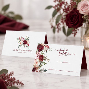 Chic Burgundy Blush Floral Wedding Place Card