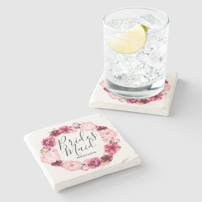 Chic Burgundy & Blush Floral Wreath Bridesmaid Stone Coaster (Side)