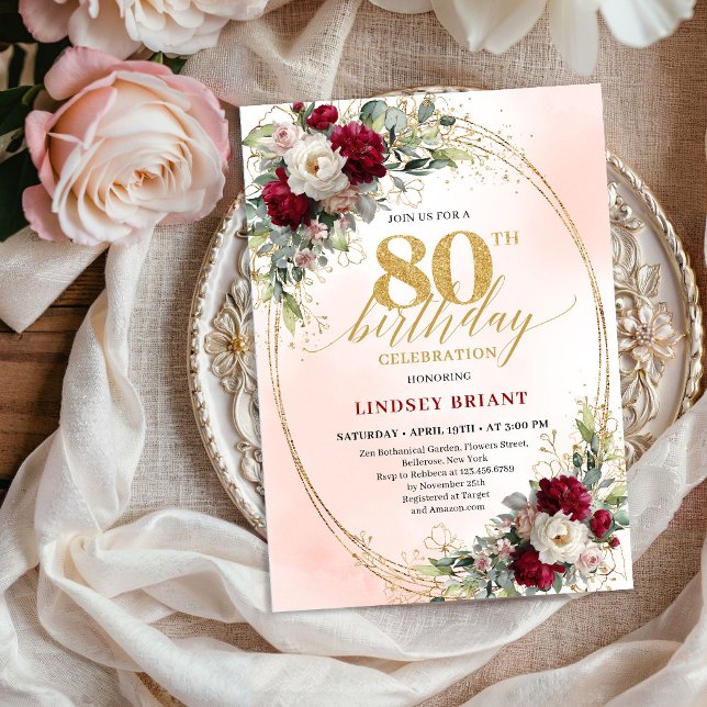 Chic Burgundy Blush Flowers 80th Birthday Invite (Chic Burgundy Blush Flowers 80th Birthday Invite)