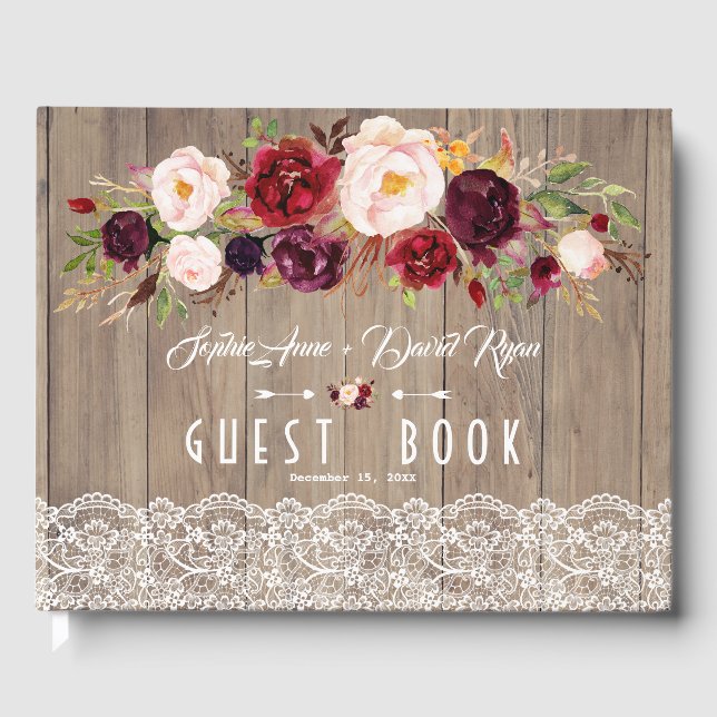 Chic Burgundy Blush Flowers Lace Wood Wedding Guest Book (Front)