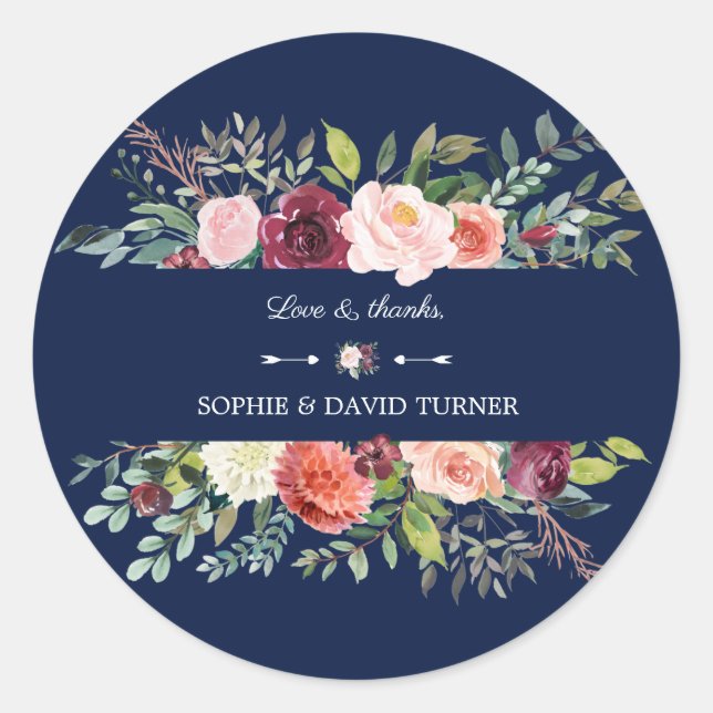 Chic Burgundy Blush Ivory Floral Frame Wedding Classic Round Sticker (Front)