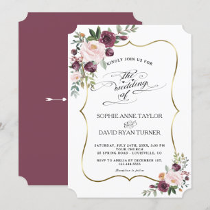 Chic Burgundy Blush Ivory Floral Maroon Wedding Invitation