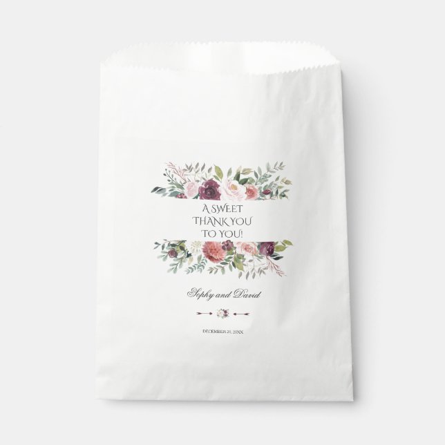 Chic Burgundy Blush Ivory Floral Wedding THANK YOU Favour Bags (Front)