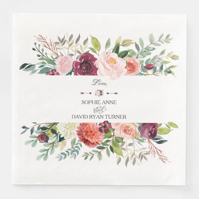 Chic Burgundy Blush Ivory Floral Wreath Wedding Napkin (Front)