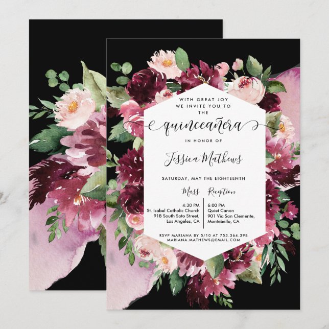 Chic Burgundy Blush Pink Black Quinceanera Floral Invitation (Front/Back)