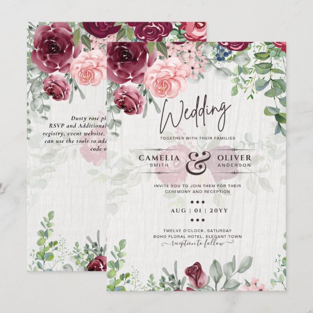 Chic Burgundy Blush Pink Floral Greenery Wedding Invitation (Front/Back)