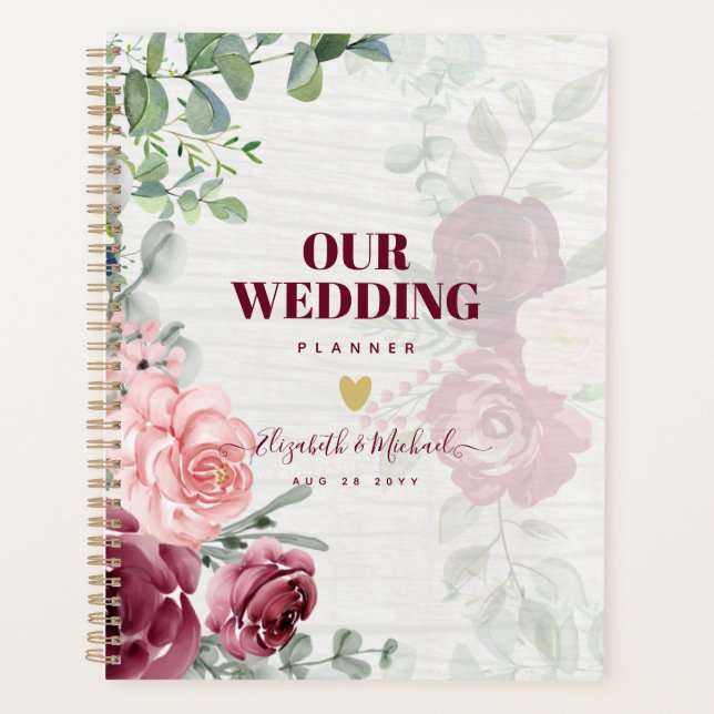 Chic Burgundy Blush Pink Floral Greenery Wedding Planner (Front)