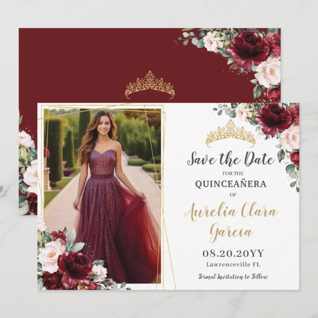 Chic Burgundy Blush Pink Floral Quinceanera Photo Save The Date (Front/Back)