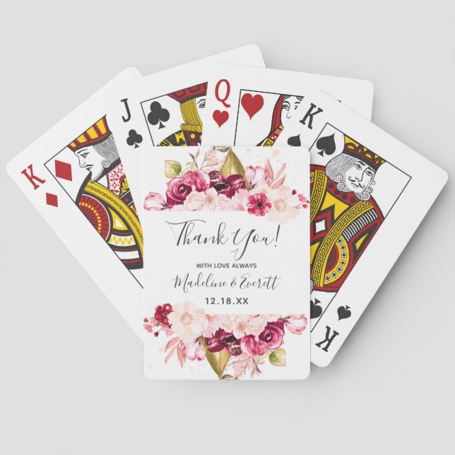 Chic Burgundy & Blush Pink Floral Wedding Favour Playing Cards (Back)
