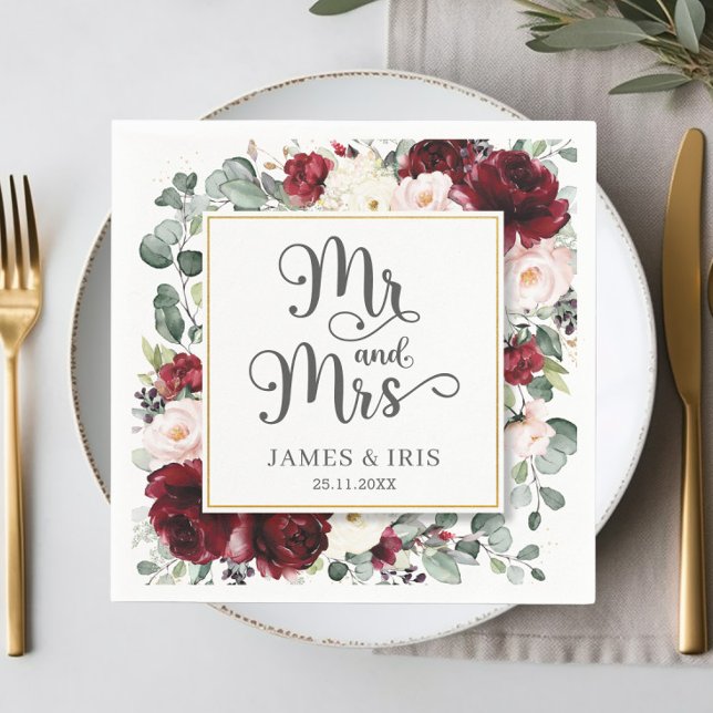 Chic Burgundy Blush Pink Floral Wedding Mr and Mrs Napkin (Creator Uploaded)