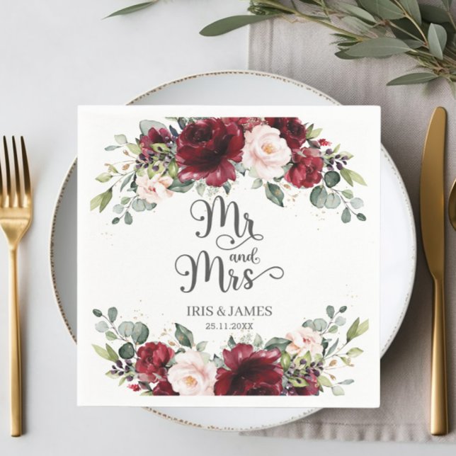 Chic Burgundy Blush Pink Floral Wedding Mr & Mrs Napkin (Creator Uploaded)