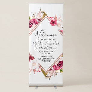 Chic Burgundy & Blush Pink Floral Wedding Welcome Retractable Banner