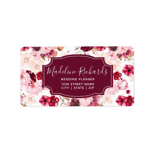 Chic Burgundy & Blush Pink Watercolor Floral Label (Front)