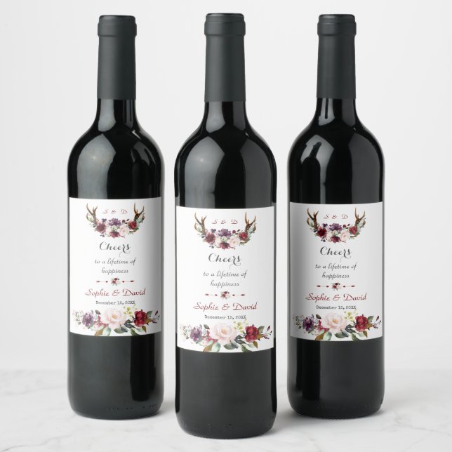 Chic Burgundy Blush Plum Floral Antlers Wedding Wine Label (Bottles)