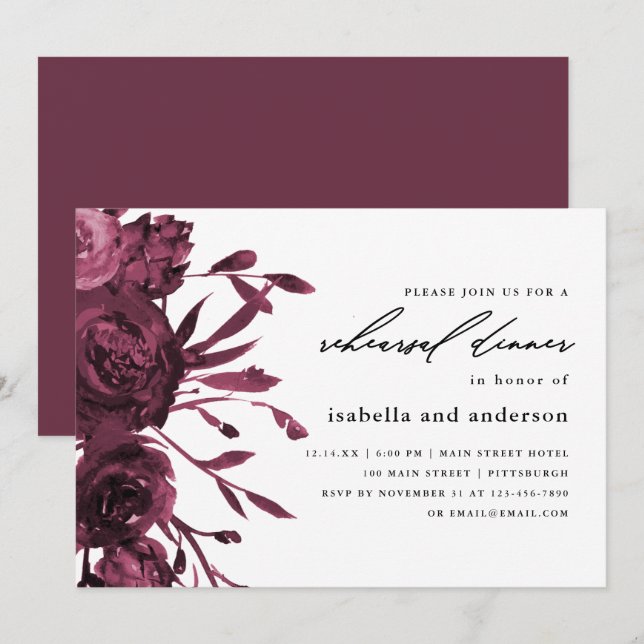 Chic Burgundy Botanical Wedding Rehearsal Dinner Invitation (Front/Back)
