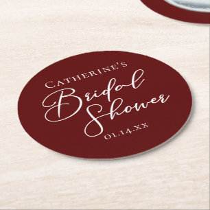 Chic Burgundy Bridal Shower Personalised Round Paper Coaster
