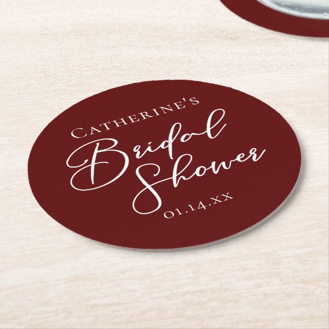 Chic Burgundy Bridal Shower Personalised Round Paper Coaster (Angled)