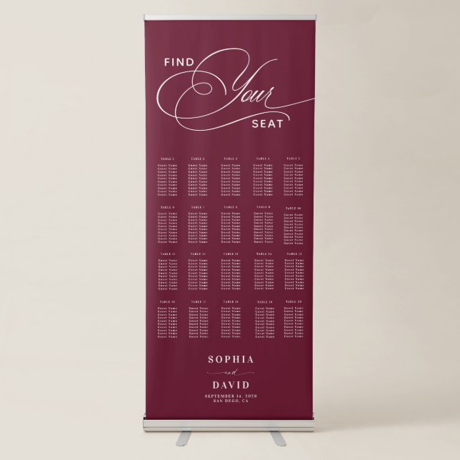 Chic Burgundy Calligraphy Wedding Seating Chart Retractable Banner (Front)
