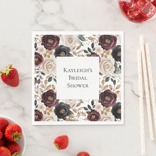 Chic Burgundy Cream Floral Bridal Shower Napkin (Insitu)