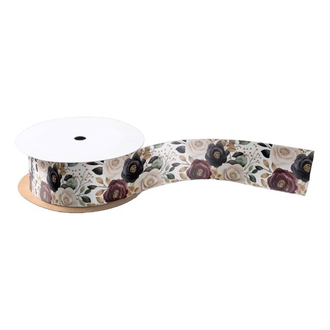 Chic Burgundy Cream Floral Bridal Shower Satin Ribbon (Spool)